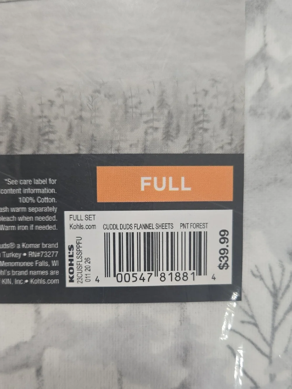 Cuddl Duds Painted Forest Heavyweight Flannel Full Size Sheet Set - NEW